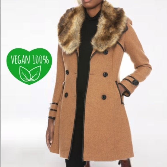 SOLD OUT ! Tan button down vegan wool coat with faux collar - Picture 4 of 6